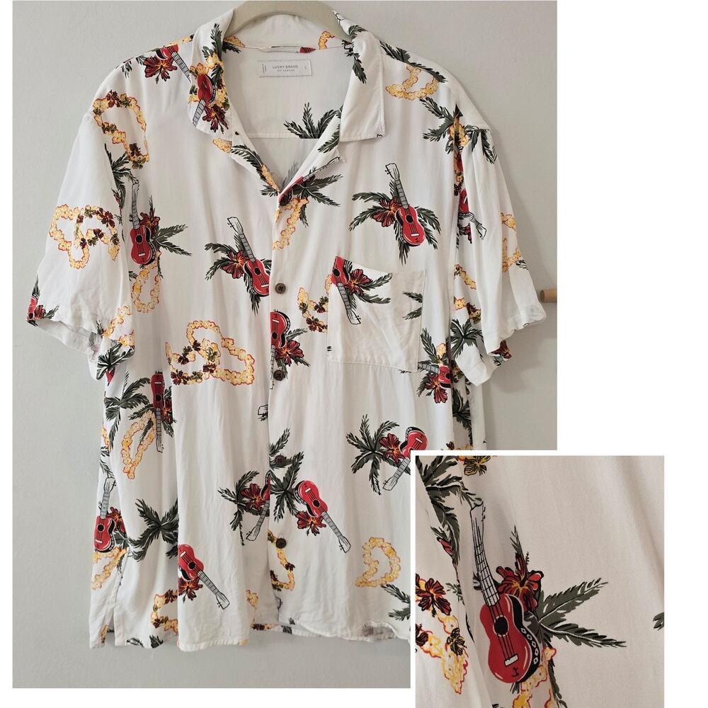 Lucky Brand Hawaiian Button Up Shirt with Ukulele Hibiscus Lei Size L Large